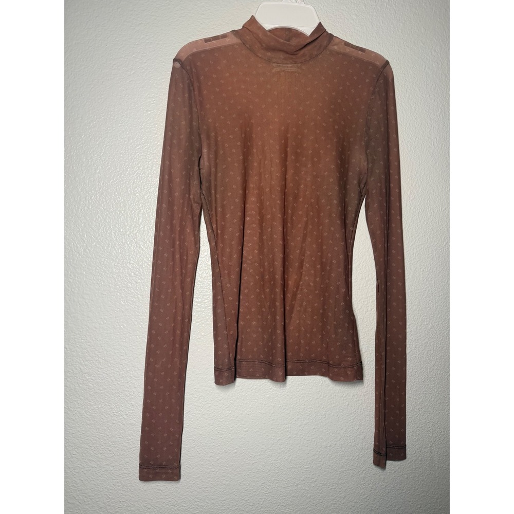 Urban Outfitters Womens Sheer Mesh Mock Neck Long Sleeve Top Brown Print Large